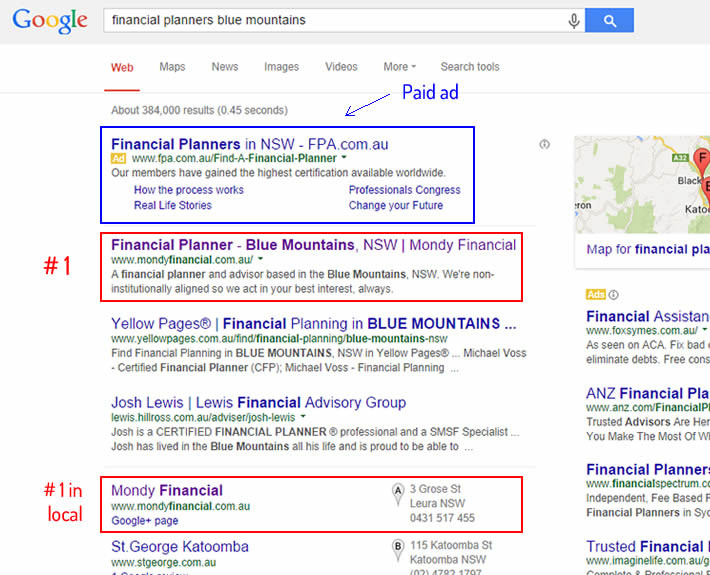 Local SEO - Blue Mountains financial planners